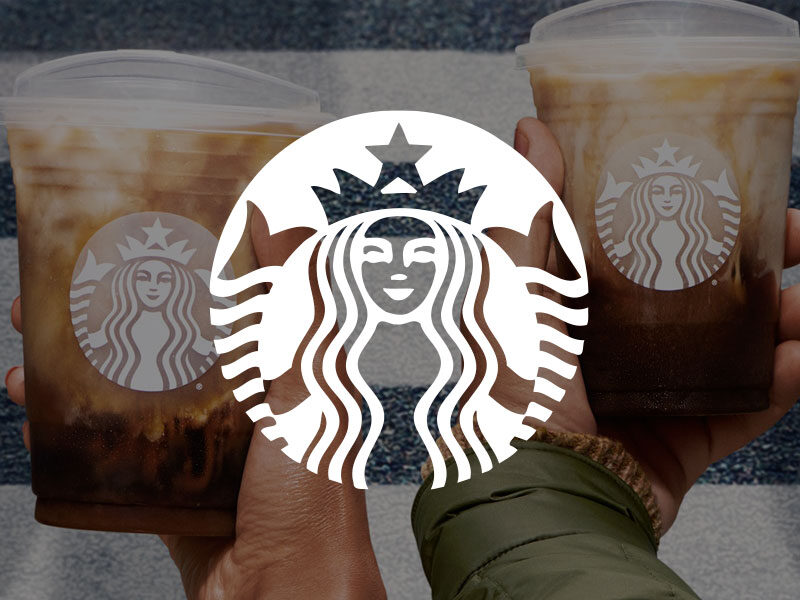 Starbucks logo over an image of a couple hold Starbucks coffee cups.