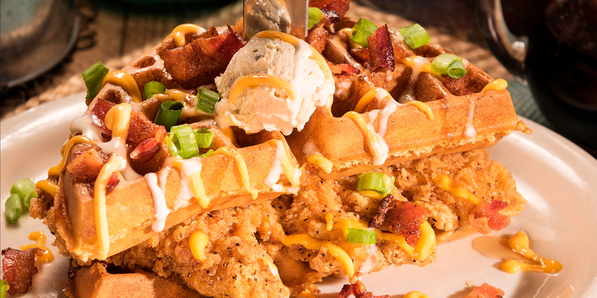 Chicken and waffles topped with bacon from Huckleberry's.