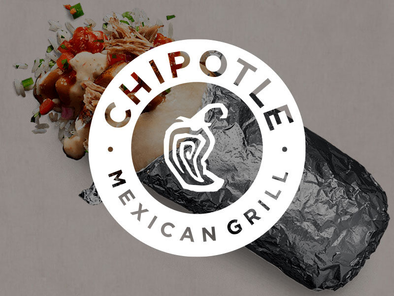 Chipotle logo over an image of a Chipotle burrito