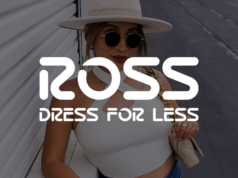 Ross Dress For Less logo of an image of a Attractive Hispanic woman wearing a beige hat and sunglasses leaning against a white wall outdoors.