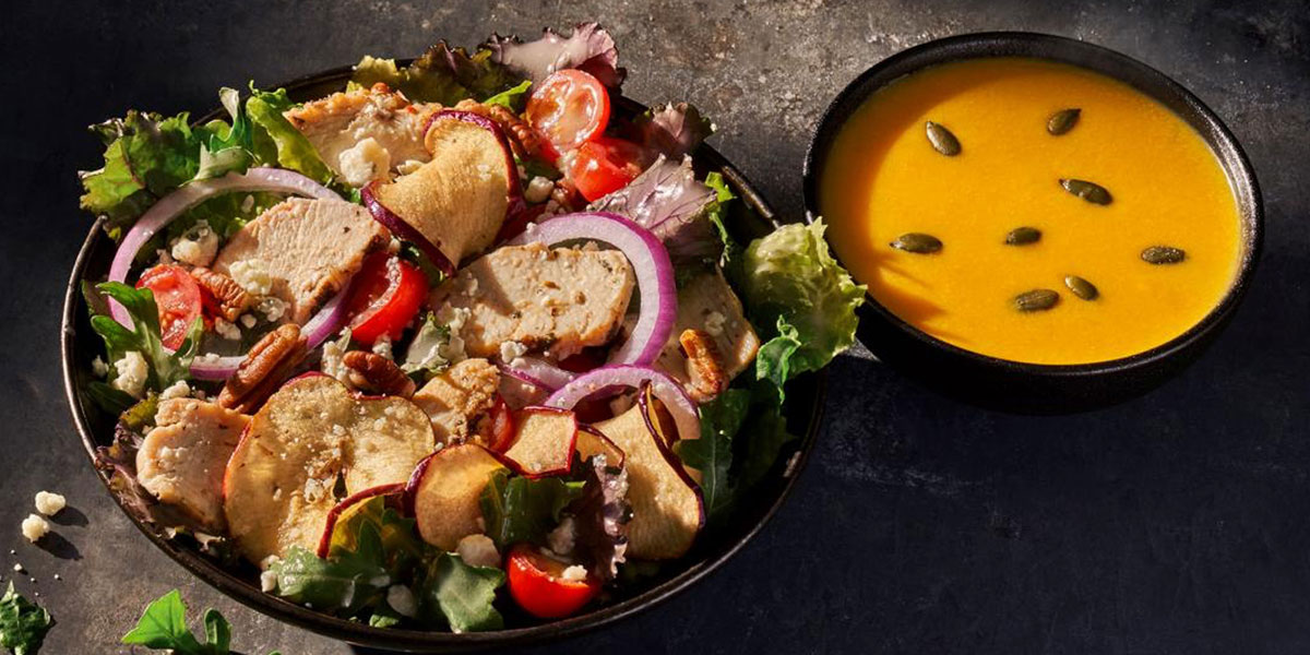 Chicken salad and cup of butternut squash soup from Panera Bread.