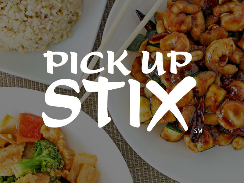 Pick Up Stix logo over an image of Chinese food.