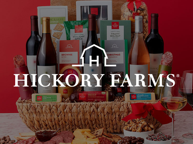 Hickory Farms logo over and image of Gift basket with wines, cheeses, meats, and sweets.