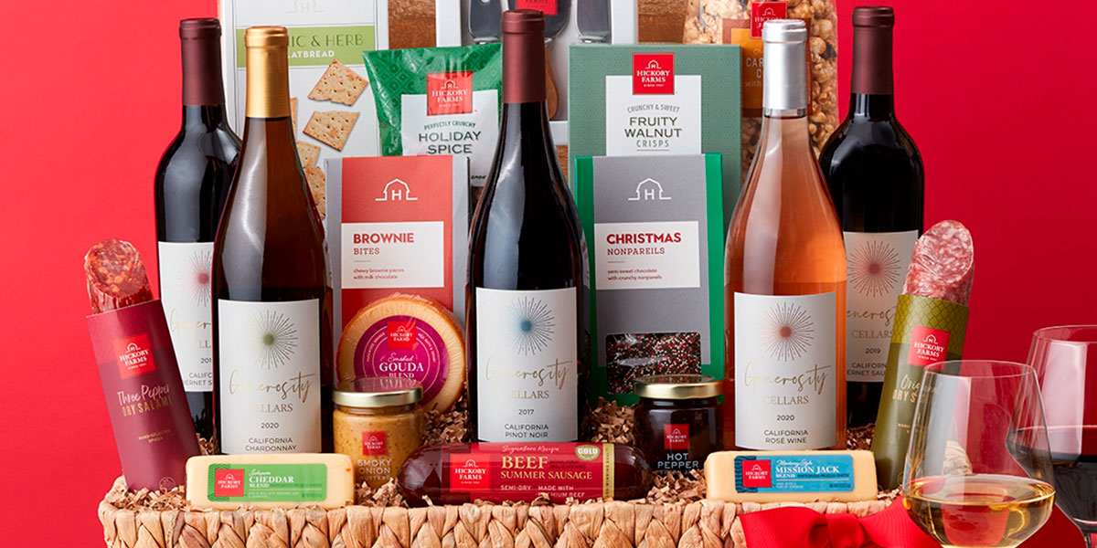 Gift basket with wines, cheeses, meats, and sweets from hickory Farms.